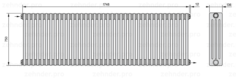 Схема (чертеж) Радиатор Zehnder Charleston 4075/38 №1670 Белый глянцевый RAL 9016
